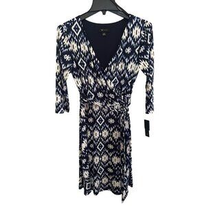 AB Studio Womens Faux Wrap Dress Aztec Print 3/4 Sleeve Navy/White Size Small